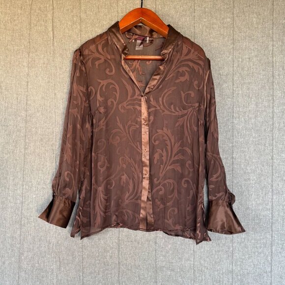 Victor Costa Occasion Brown Sheer Silk Satin Print Long Sleeve Tunic Top Size L - Picture 9 of 11